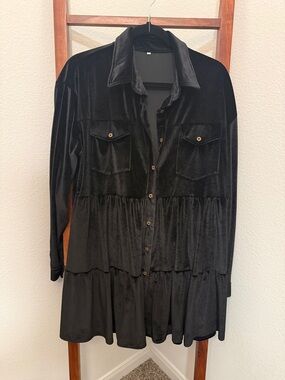 Black Velvet Tiered Button-Up Shirt Dress Size XL